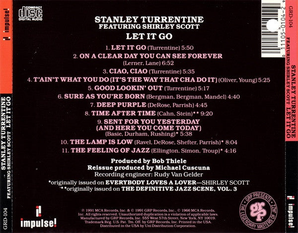 Stanley Turrentine Featuring Shirley Scott – Let It Go CD