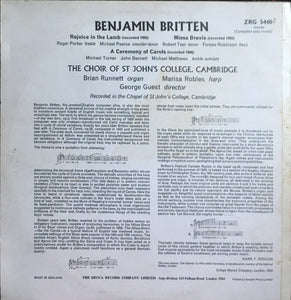 Benjamin Britten - The Choir Of St John's College Cambridge, George Guest, Marisa Robles – Rejoice In The Lamb / Missa Brevis / A Ceremony Of Carols vinyl LP